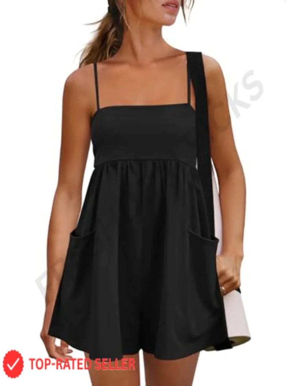 Women Casual Square Neck Romper Adjustable Straps Sleeveless Jumpsuit Pockets